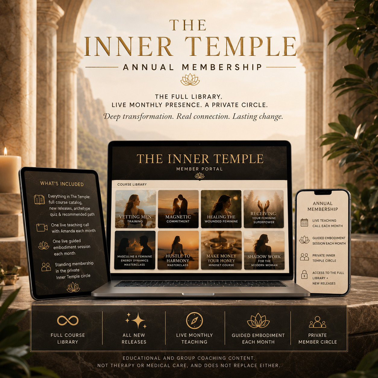 The Inner Temple annual membership by Amanda Abella featuring the full Mindful Success Path course catalog, live monthly teaching, guided embodiment sessions, and a private member circle.